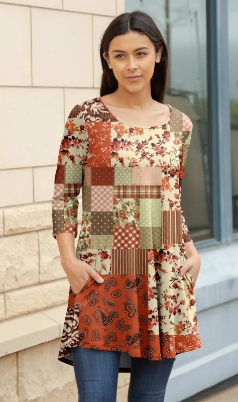 Lily by Firmiana Women's Round Hem Tunic with ¾ Length Sleeves and Side Pockets Orange and Green Patchwork Print sold by Zulily