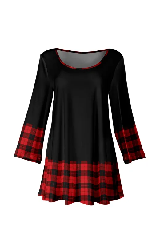 Lily by Firmiana Women's Bracelet Length Tunic with Round Neckline Red and Black Plaid Border sold by Zulily