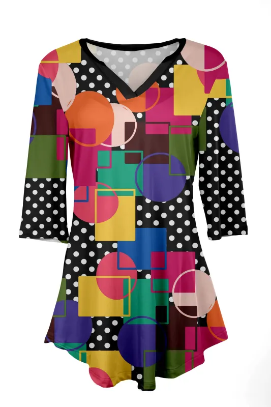 Lily by Firmiana Women's 3/4 Sleeve Notch Neck Tunic Black and Multicolor Geometric Print sold by Zulily