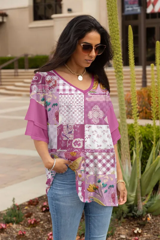 Lily by Firmiana Women's Double Sleeve V-Neck Tunic Pink & Purple Patchwork sold by Zulily
