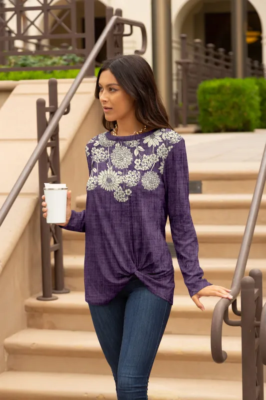 Lily by Firmiana Women's Long Sleeve Tunic with Twist Hem Purple and White Floral sold by Zulily
