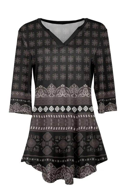Lily by Firmiana Women's 3/4 Sleeve Notch Neck Tunic Grey and Black Bohemian Border Print sold by Zulily