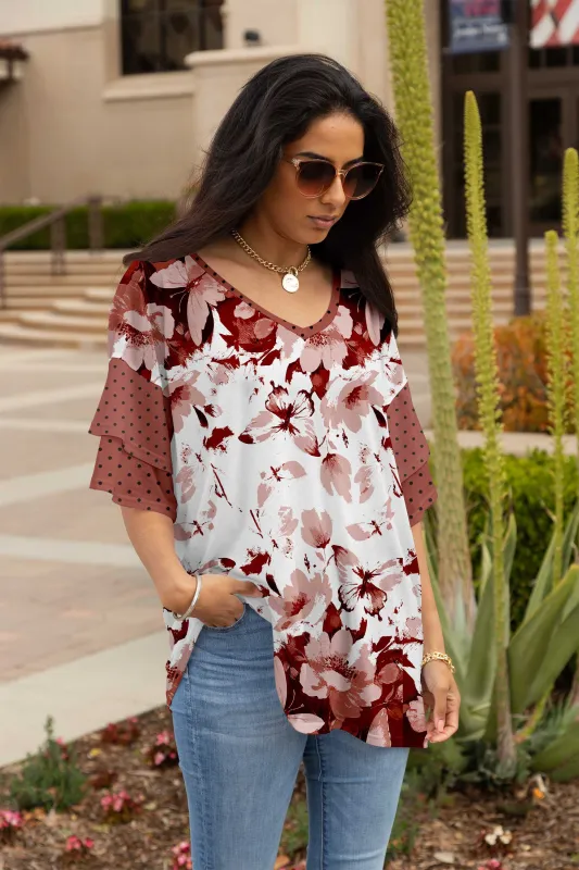 Lily by Firmiana Women's Double Sleeve V-Neck Tunic Red & Cream Floral Mix sold by Zulily