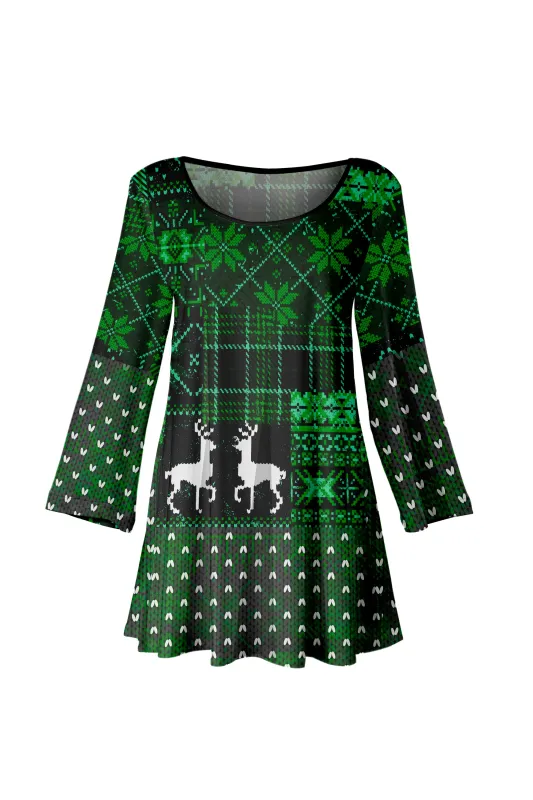 Lily by Firmiana Women's Bracelet Length Tunic with Round Neckline Green and White Plaid Christmas Sweater Print sold by Zulily