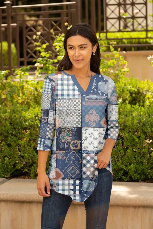 Lily by Firmiana Women's 3/4 Sleeve Notch Neck Tunic Blue Patchwork sold by Zulily