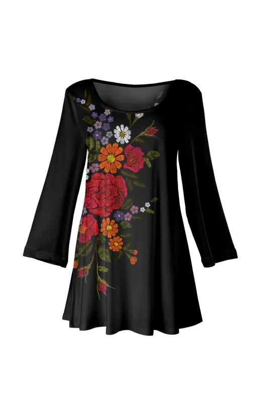 Lily by Firmiana Women's Bracelet Length Tunic with Round Neckline Red and Black Floral Embroidery sold by Zulily