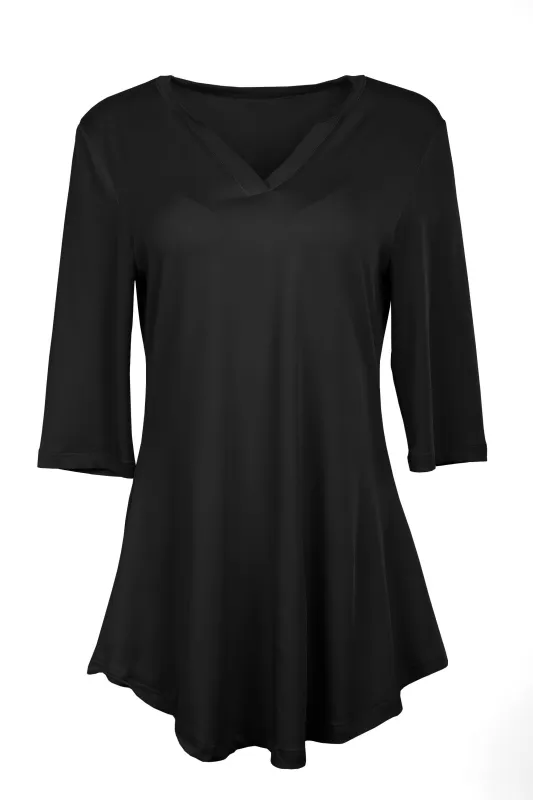 Lily by Firmiana Women's 3/4 Sleeve Notch Neck Tunic Solid Black sold by Zulily