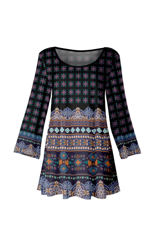 Lily by Firmiana Women's Bracelet Length Tunic with Round Neckline Black and Multicolor Bohemian Border Print sold by Zulily