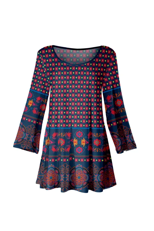 Lily by Firmiana Women's Bracelet Length Tunic with Round Neckline Red and Blue Bohemian Border sold by Zulily