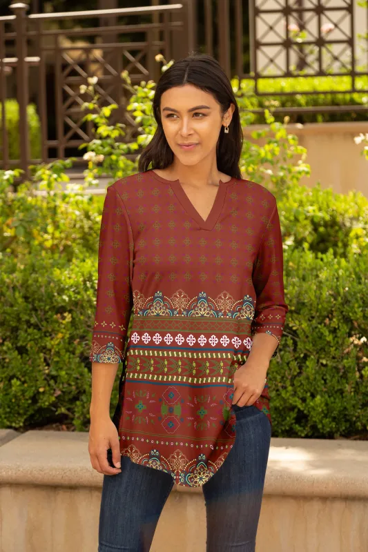 Lily by Firmiana Women's 3/4 Sleeve Notch Neck Tunic Rust and Brown Bohemian Border Print sold by Zulily