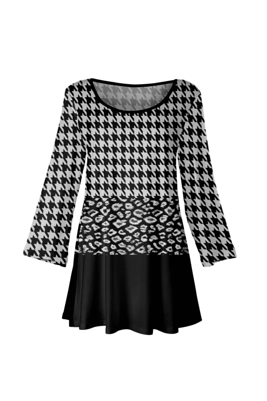 Lily by Firmiana Women's Bracelet Length Tunic with Round Neckline Black and White Houndstooth and Leopard sold by Zulily