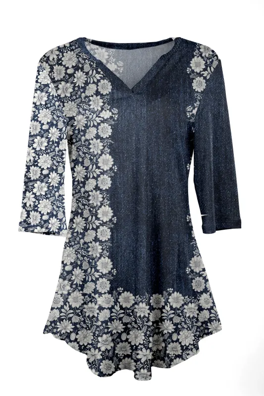 Lily by Firmiana Women's 3/4 Sleeve Notch Neck Tunic Blue and White Floral sold by Zulily
