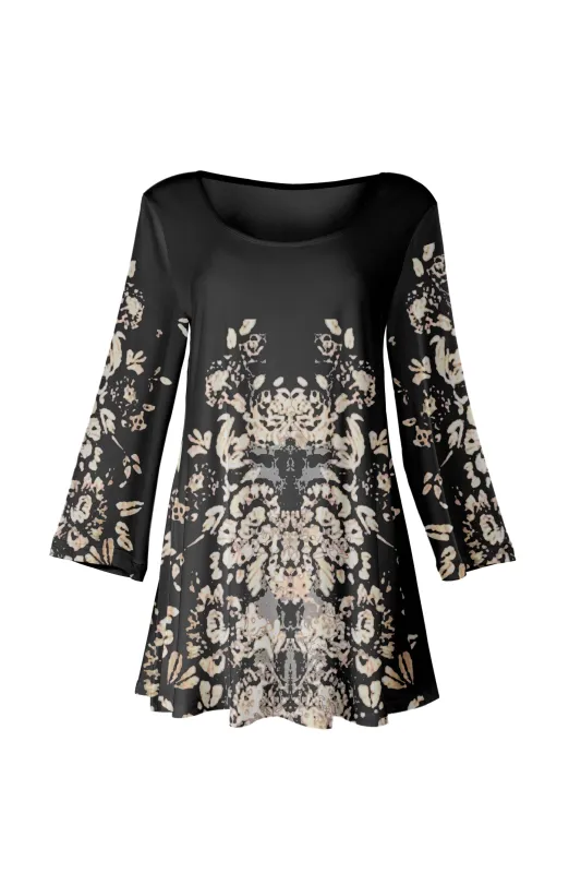 Lily by Firmiana Women's Bracelet Length Tunic with Round Neckline Champagne and Black Geometric Print sold by Zulily