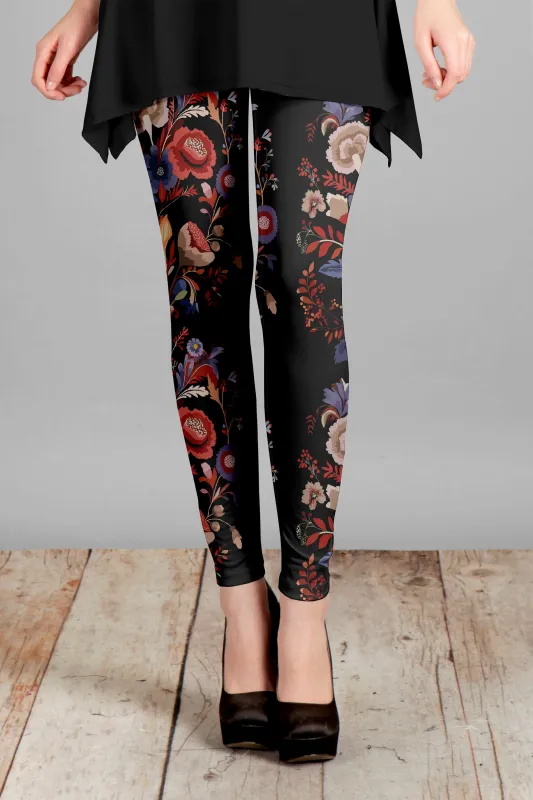 Lily by Firmiana Women's Medium Rise Leggings Black and Multicolor Roses sold by Zulily