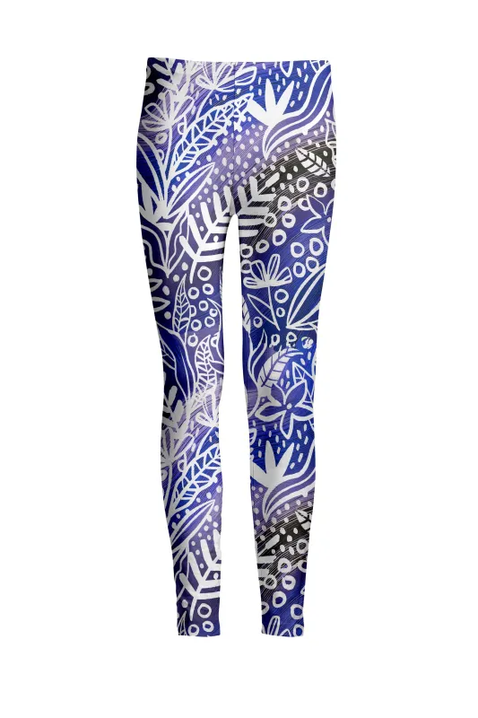 Lily by Firmiana Women's Medium Rise Leggings Blue and White Tropical Floral sold by Zulily