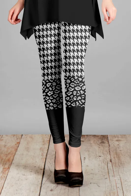 Lily by Firmiana Women's Medium Rise Leggings Black and White Houndstooth and Leopard sold by Zulily