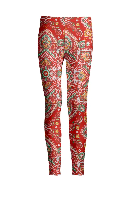 Lily by Firmiana Women's Medium Rise Leggings Red and Multicolor Paisley Motif sold by Zulily