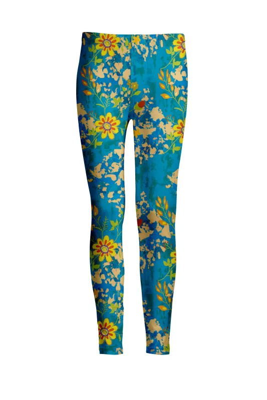 Lily by Firmiana Women's Medium Rise Leggings Yellow and Blue Floral sold by Zulily