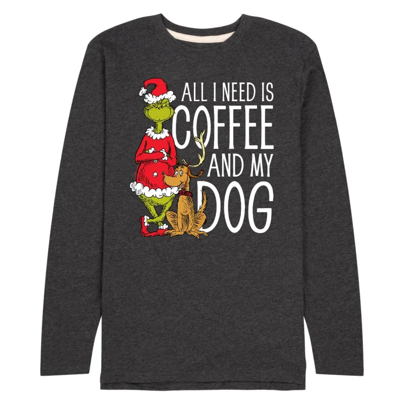 Dr Seuss - The Grinch - All I Need Is Coffee And My Dog - Men's Long Sleeve Graphic T-Shirt sold by Zulily