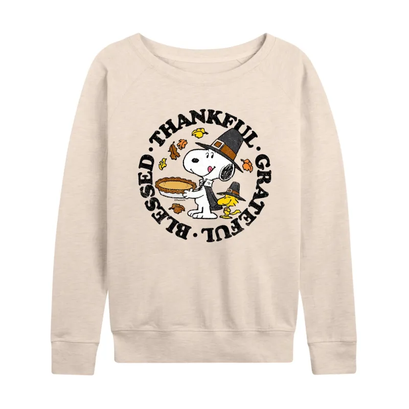 Peanuts - Thankful Grateful Blessed - Women's Lightweight French Terry Long Sleeve Shirt sold by Zulily