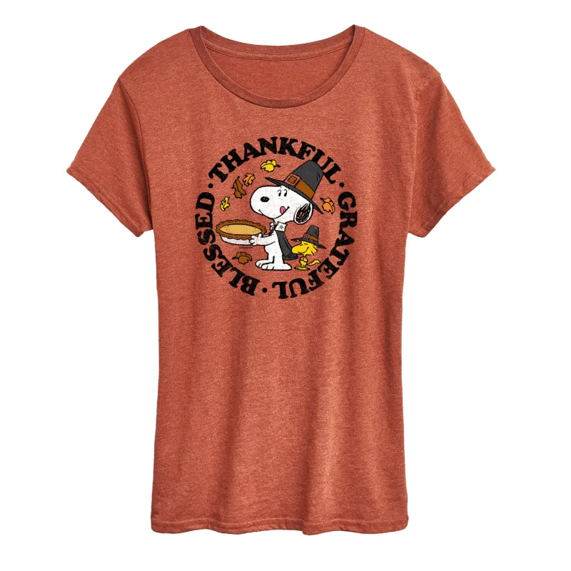 Peanuts - Thankful Grateful Blessed - Women's Short Sleeve Graphic T-Shirt sold by Zulily