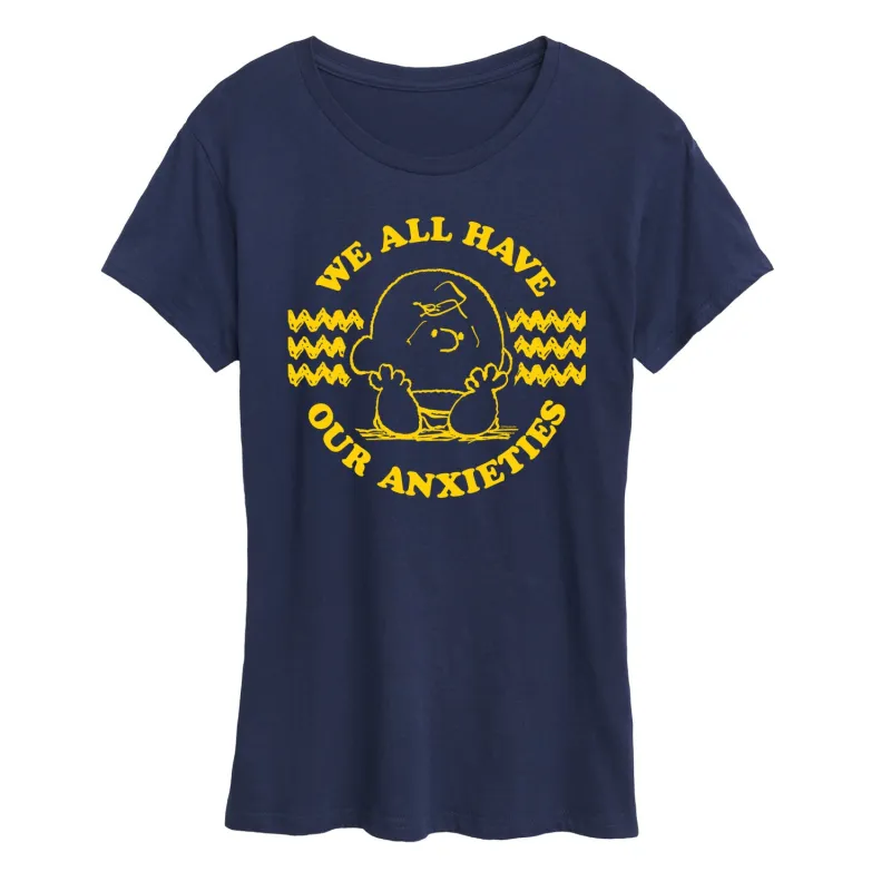 Peanuts - We All Have Our Anxieties - Women's Short Sleeve Graphic T-Shirt sold by Zulily