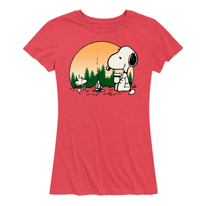 Peanuts - Campfire Snoopy and Woodstock - Women's Short Sleeve Graphic T-Shirt sold by Zulily
