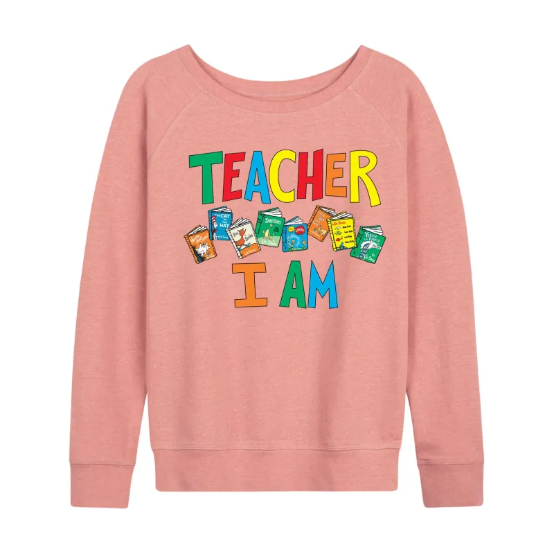 Dr. Seuss - The Cat In The Hat Book Cover Teacher I Am - Women's Lightweight French Terry Long Sleeve Shirt sold by Zulily