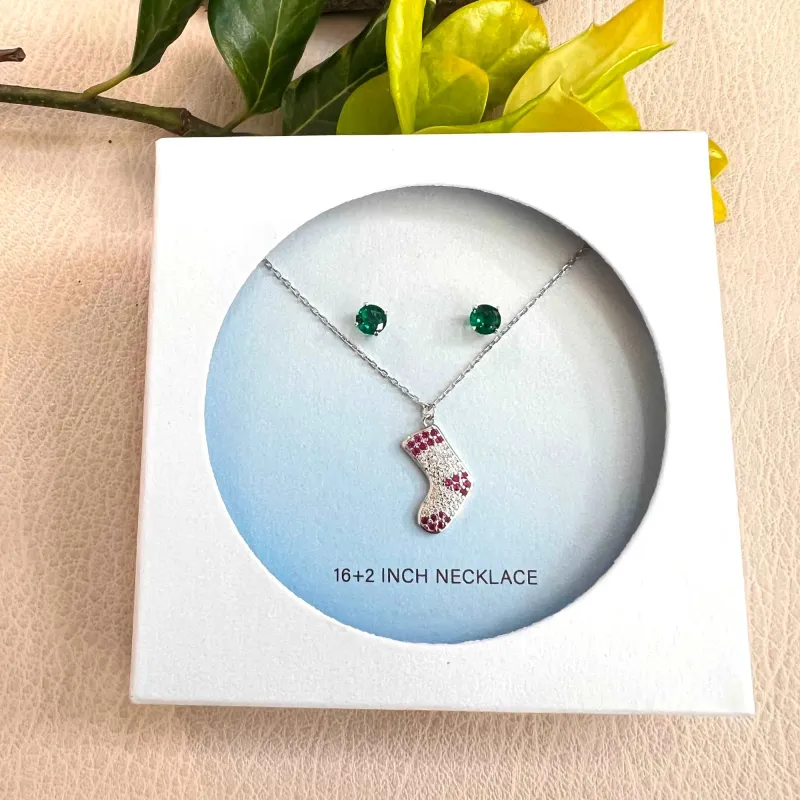 Sterling Silver Set of Earring and Charm Necklace Green Stone Stud and Stocking CZ Pave sold by Zulily