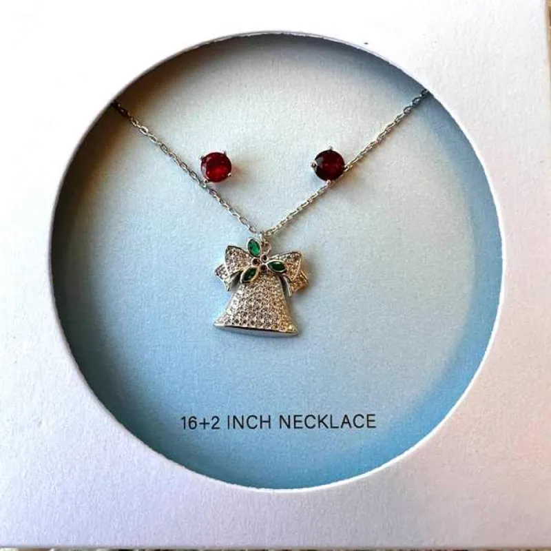 Sterling Silver Set of Earring and Charm Necklacce Red Stone Stud and Jingle Bell CZ Pave sold by Zulily