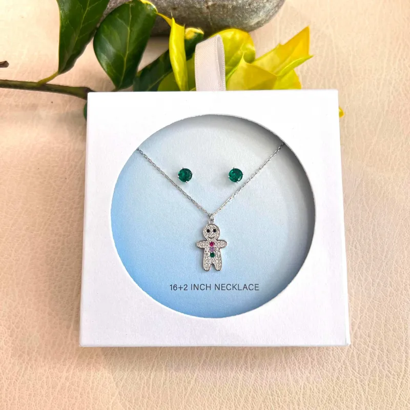 Sterling Silver Set of Earring and Charm Necklace Green Stone Stud Gingerbread Man Charm CZ Pave sold by Zulily