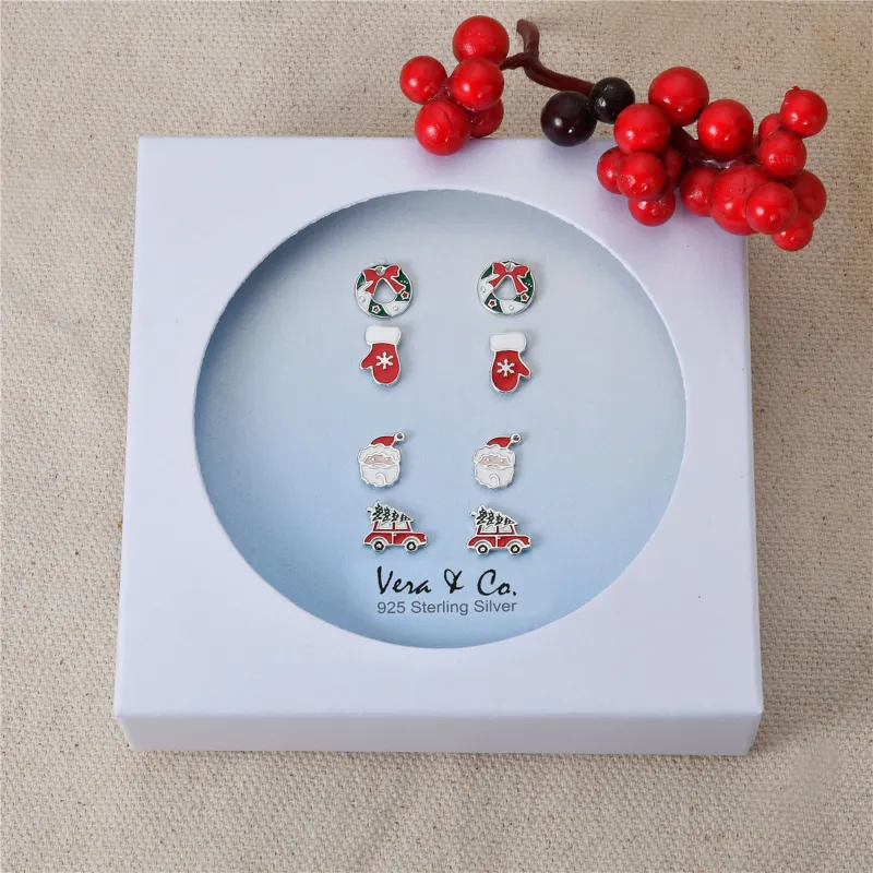 Sterling Silver Holiday Earring 4-Pair Set of Enamel Christmas Tree, Star Dangle, Green CZ Stud, Candy Cane Dangle sold by Zulily