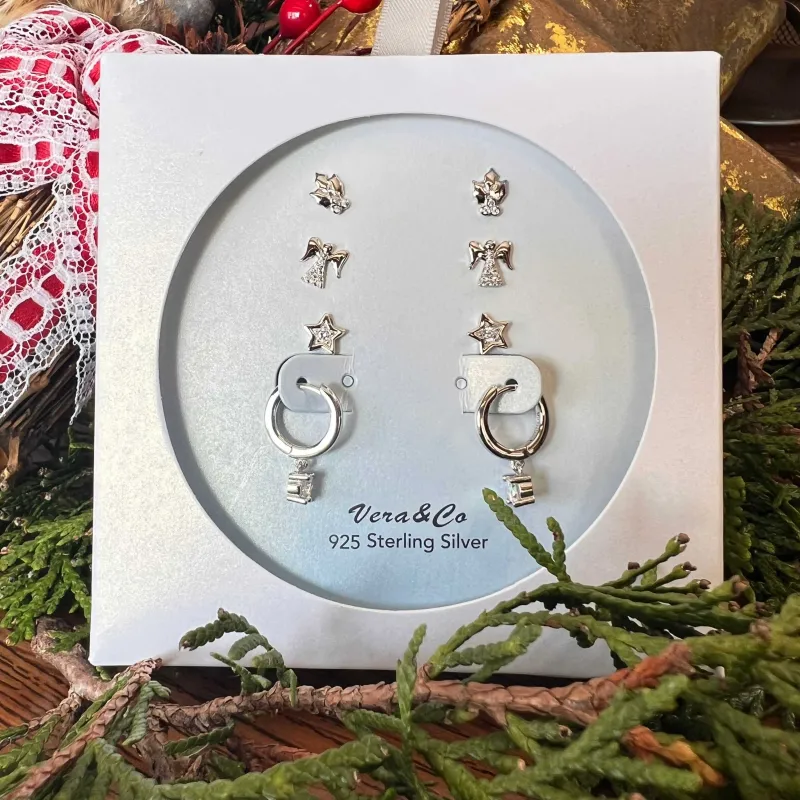 Sterling Silver Holiday Earring Set of Mistletoe Stud, CZ Angel Stud , CZ Star Stud, A Drop of Clear CZ Huggie Hoop sold by Zulily