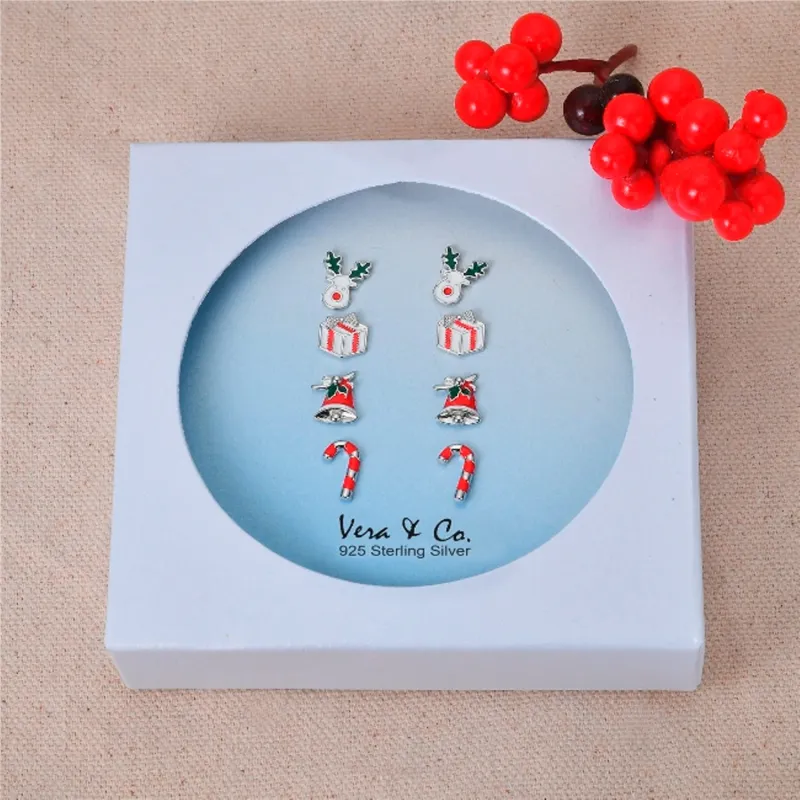 Sterling Silver Holiday 4-Pair Enamel of green and red Earring of Moose Stud, Gift Box Stud Jingle Bell Stud, Candy Cane stud sold by Zulily