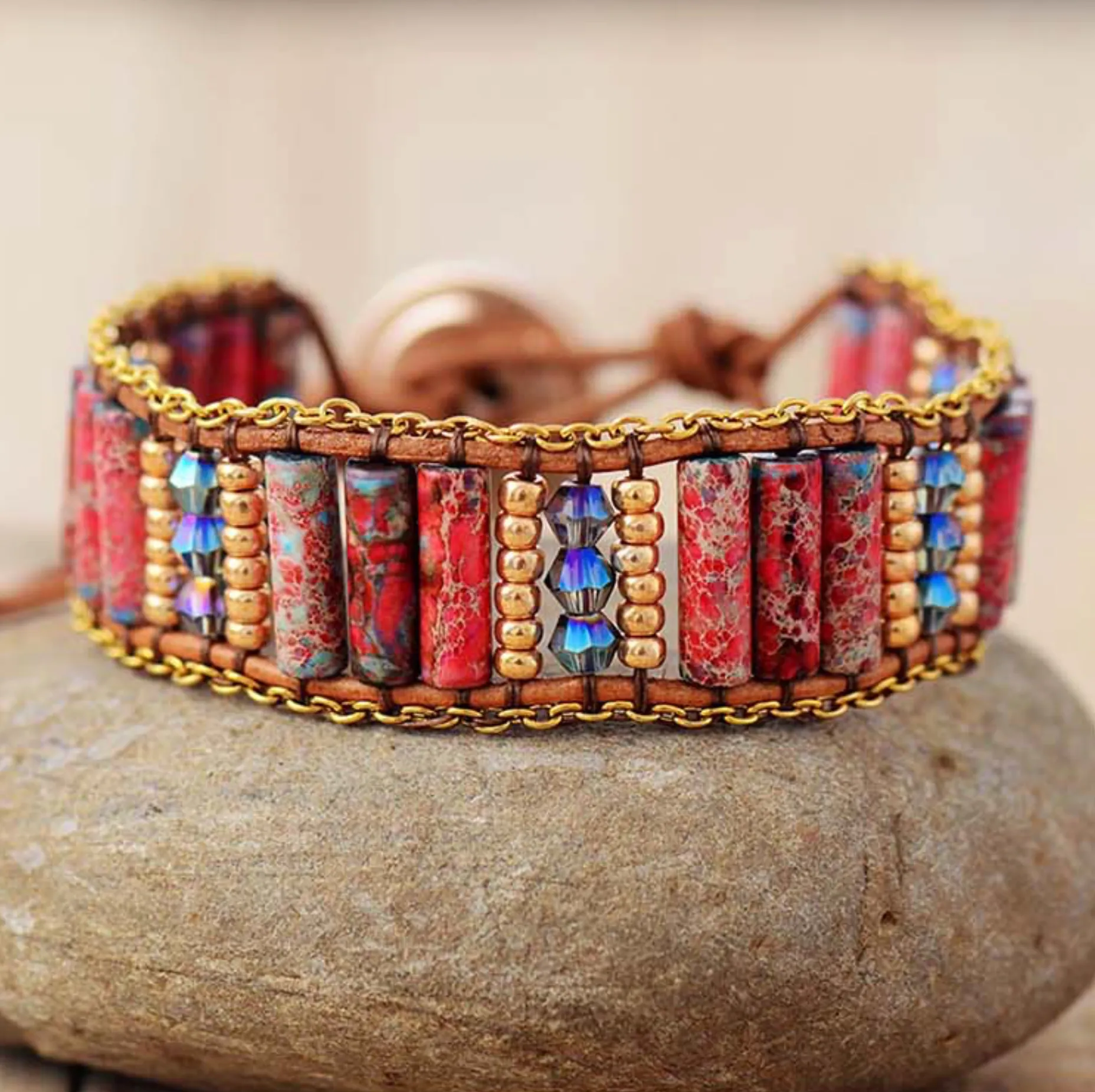 Micalla Red Howlite & Glass Sun Charm Adjustable Beaded Bracelet sold by Zulily