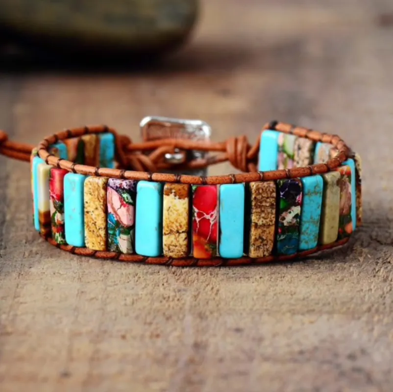 Micalla Sun Jasper Turquoise Stone Bar Leather Bracelet sold by Zulily