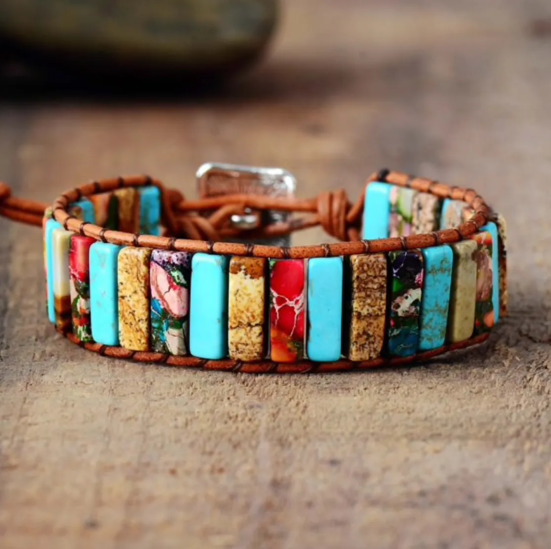 Micalla Sun Jasper Turquoise Stone Bar Leather Bracelet sold by Zulily