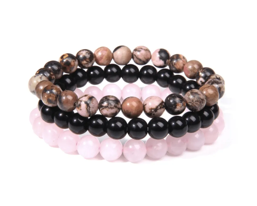 Micalla Semi-Precious Gemstone Beaded Stretch Set Of 3 Bracelets - Rhodonite, Onyx, Rose Quartz sold by Zulily