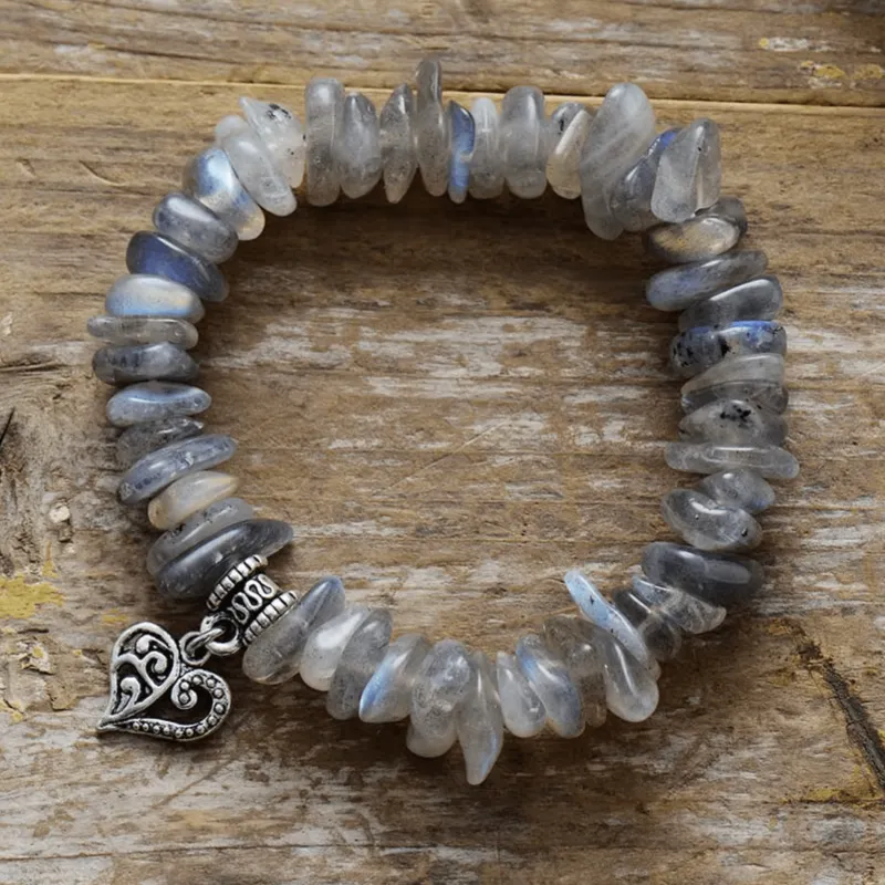 Micalla Silvertone & Grey Labradorite Gemstone Stretch Bracelet With Heart Charm sold by Zulily