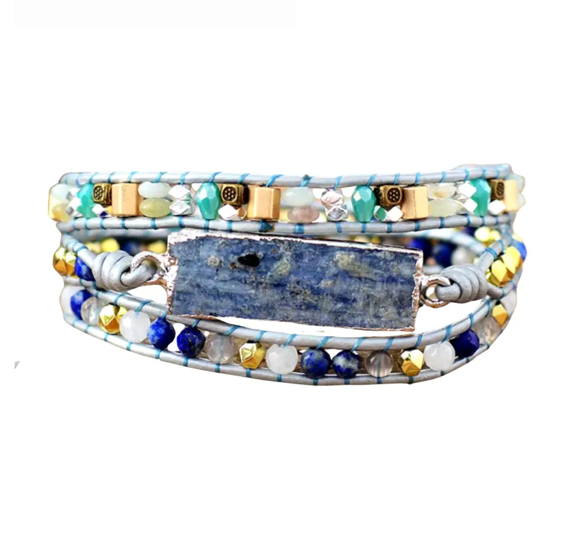Micalla Natural Aquamarine Rectangular Stone Leather Beaded Wrap Bracelet sold by Zulily