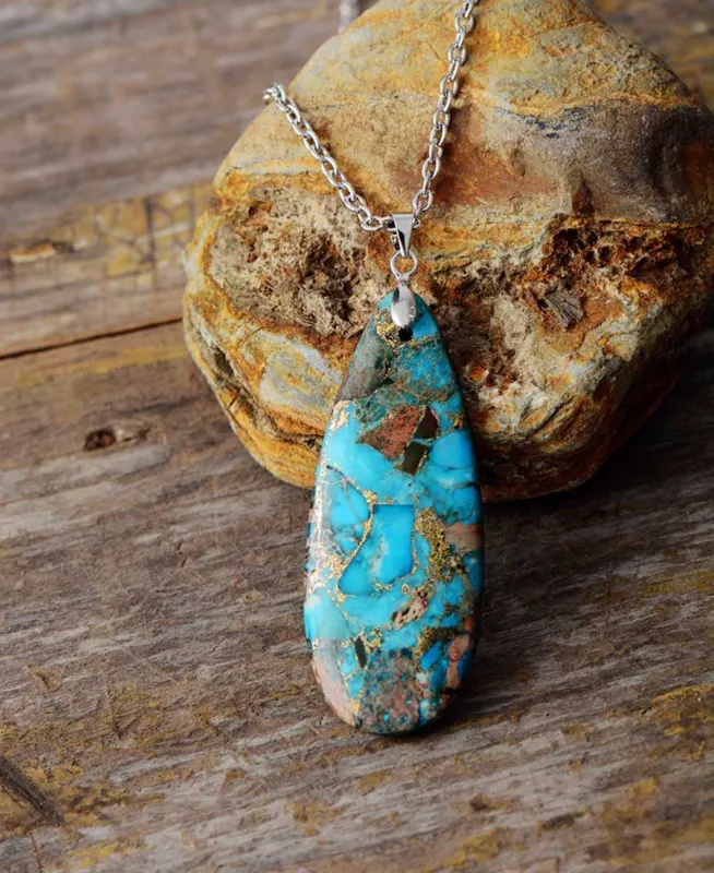 Micalla Silvertone Reconstituted Turquoise Teardrop Pendant Necklace sold by Zulily