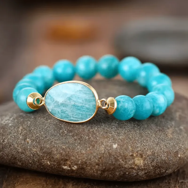 Micalla Amazonite Stone Goldtone Beaded Stretch Bracelet sold by Zulily