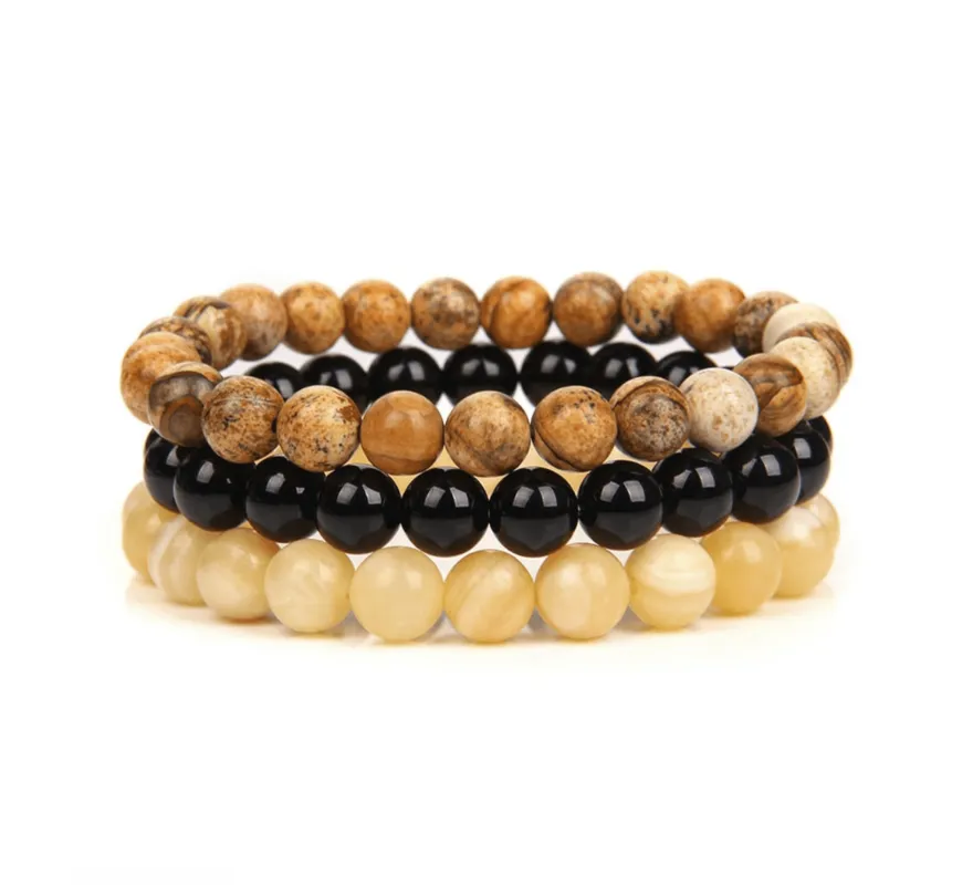 Micalla Semi-Precious Gemstone Beaded Stretch Set Of 3 Bracelets - Picture Jasper, Onyx, Jade sold by Zulily
