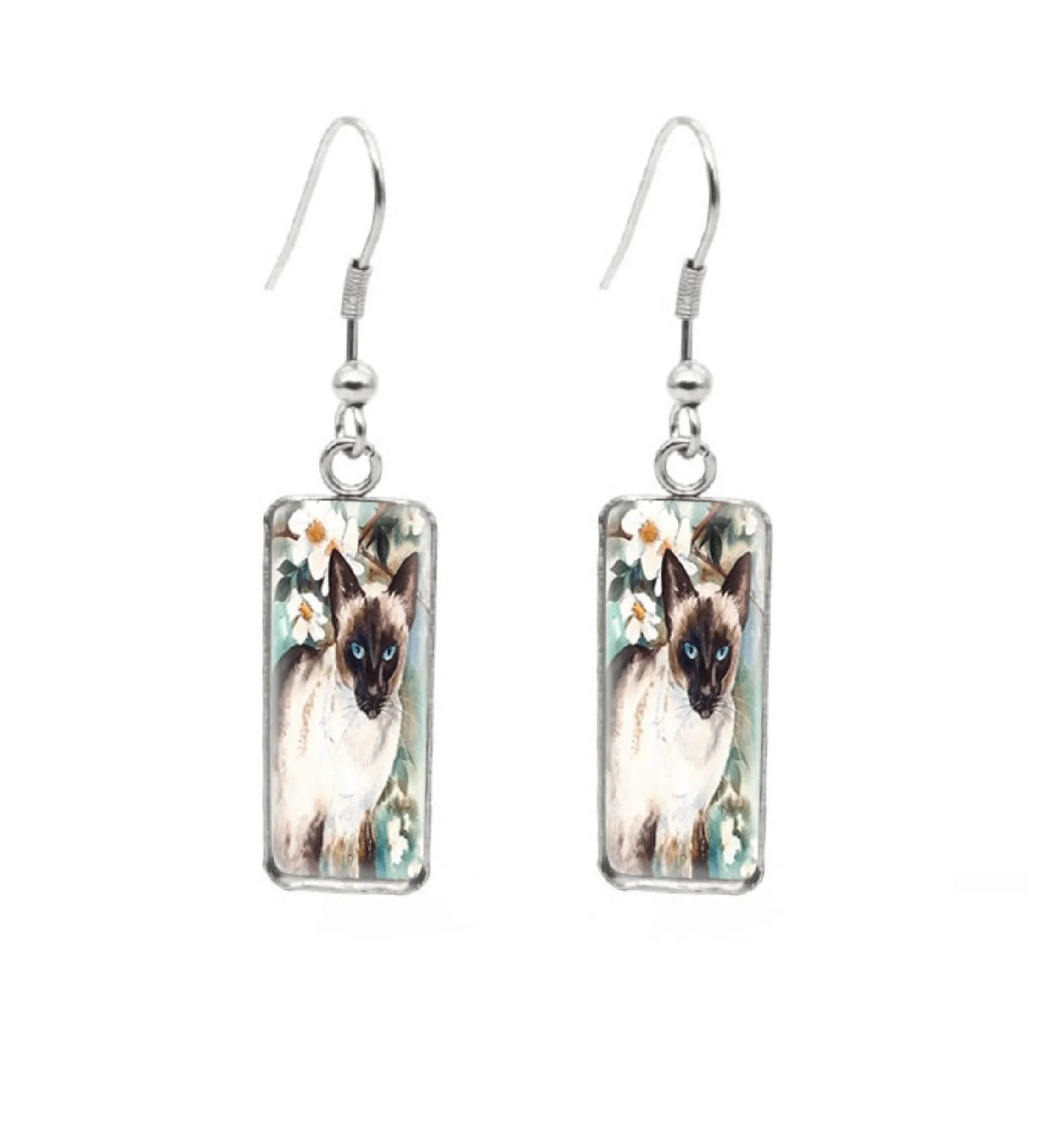 Don't AsK Rectangular Art-Print Drop Earrings – Cat in Flowers – Lightweight Dangle Earrings for Women sold by Zulily