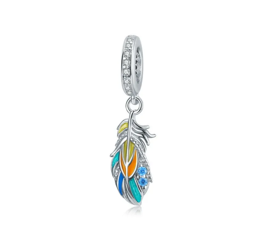 Ag Sterling Silver Cubic Zirconia Multi Colored Feather Dangling Charm sold by Zulily