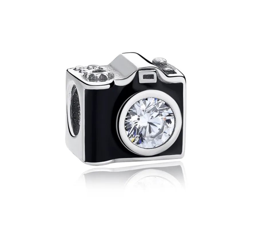 Ag Sterling Silver Black Cubic Zirconia Camera Charm Bead sold by Zulily