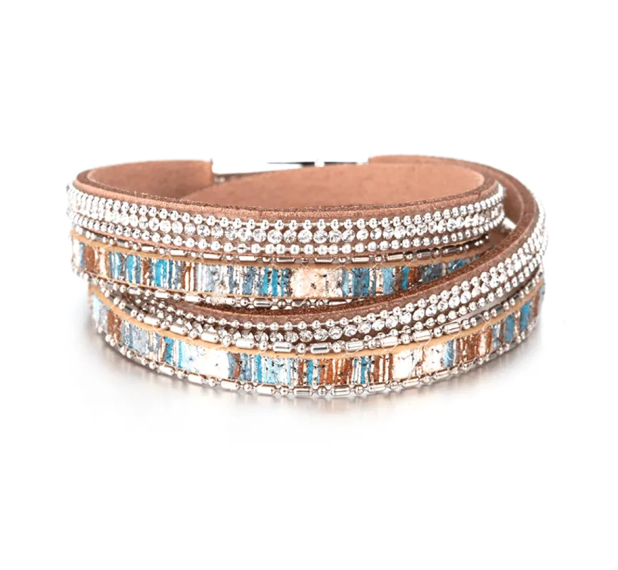 Blue Brown Multi Colored Crystal Faux Leather Bracelet sold by Zulily