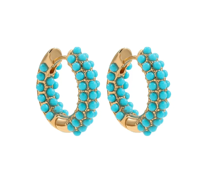 Goldtone Turquoise Beaded Huggie Hoop Earrings sold by Zulily