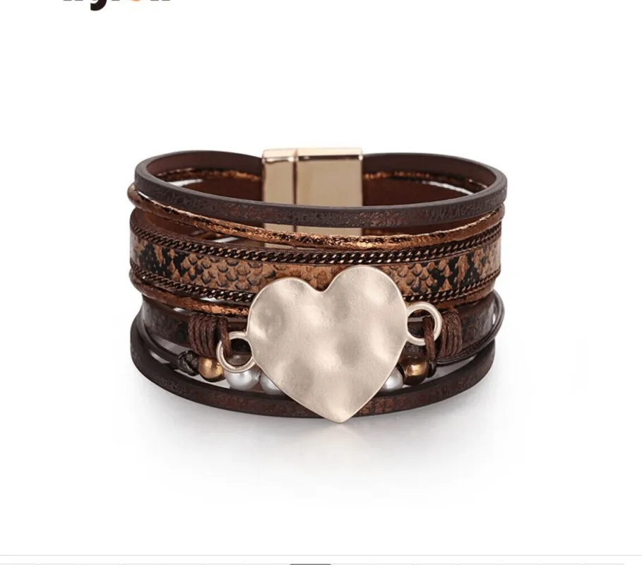 Brown Faux Leather & Hammered Heart Multi-strand Bracelet sold by Zulily