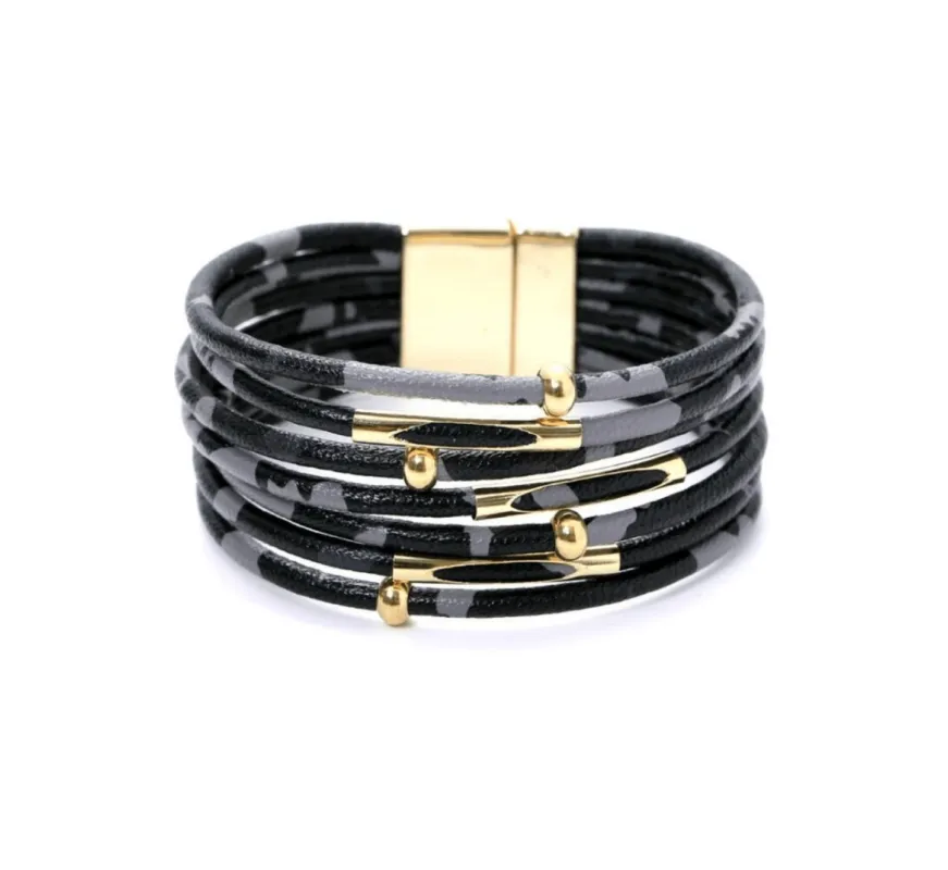Black Grey Multi Strand Faux Leather Bracelet sold by Zulily